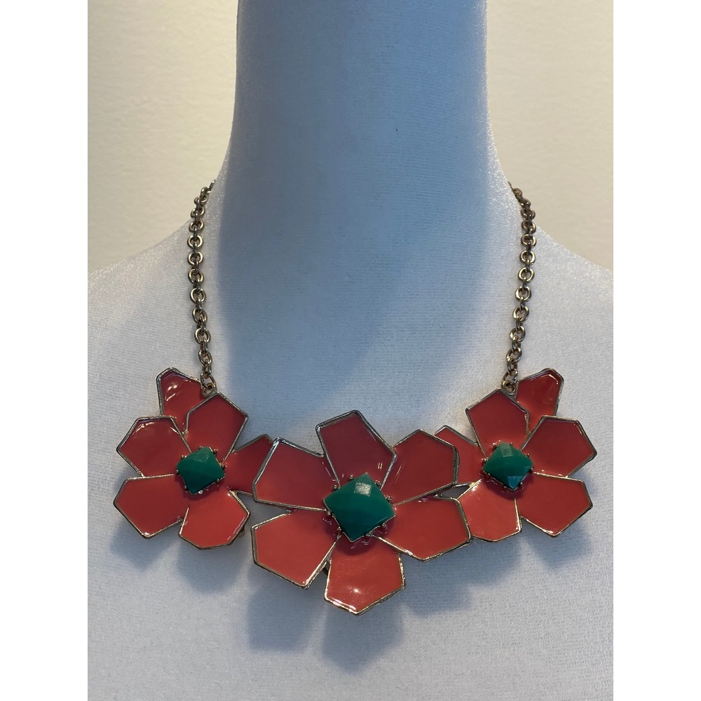Coral Pink Enamel Flower Statement Necklace Green Center Gold Tone Bib Jewelry